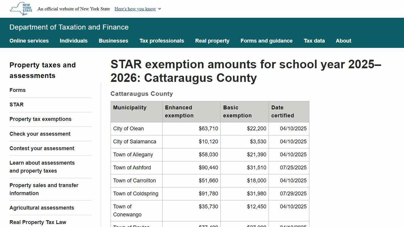 STAR exemption amounts for school year 2025–2026: Cattaraugus County
