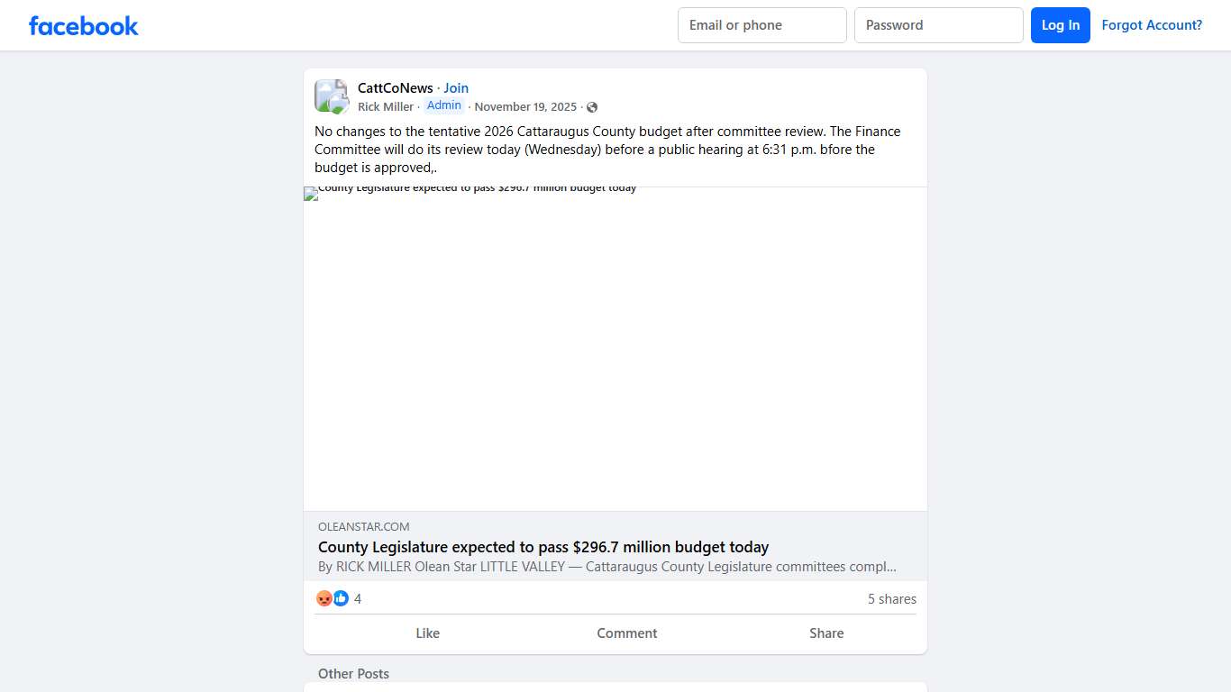 CattCoNews No changes to the tentative 2026 Cattaraugus County budget after committee review Facebook